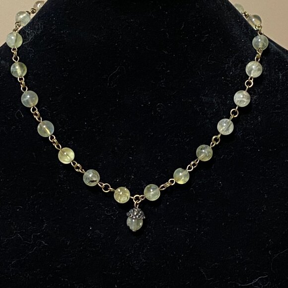 Natural Yellow Green Prehnite Necklace, Cute Bronze Acorn + Genuine Gemstone - Picture 3 of 16